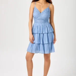 Gauze Spaghetti-Strap V-Neck Dress with Crochet Bodice and Tiered Layered Skirt