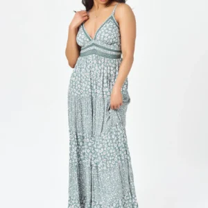 Twin Print Double Strap V-Neck Maxi Dress with Crochet Trim