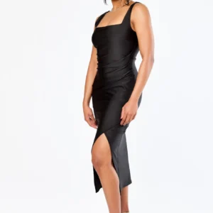 Satin Square-Neck Midi Dress with Side Slit