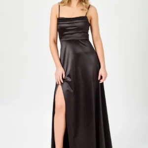 Satin Spaghetti Strap Pleated Bust Maxi Dress with Side Slit