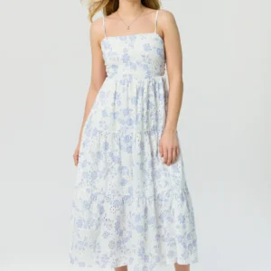 Floral Eyelet Midi Dress with Tie-Back