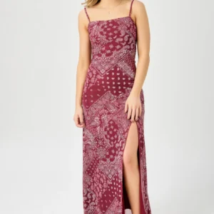 Bandana Print Mesh Spaghetti-Strap Maxi Dress with Lace-up Back