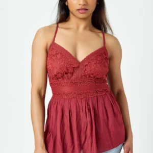 Gauze Spaghetti Strap Babydoll Top with Crochet Bodice