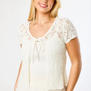 Pointelle Short-Sleeve Cardigan with Tie-Front