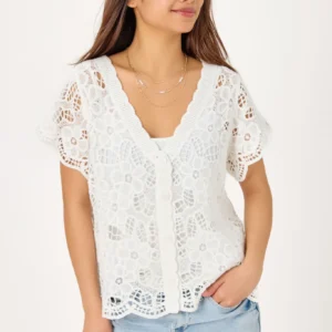 Crochet Short-Sleeve Button-Front Cardigan