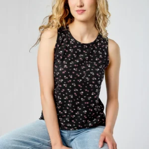 Floral Ribbed Crew-Neck Sleeveless Tank with Pocket
