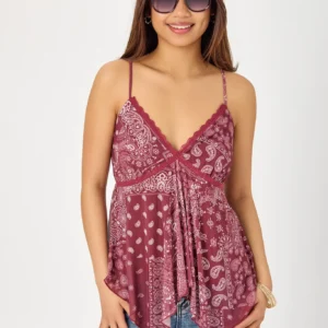 Bandana Print Mesh Spaghetti-Strap Handkerchief Top