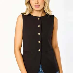 Stretch Crepe Crew-Neck Vest with Gold Buttons